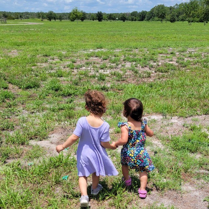 Two young daughters walking hand in hand across an open Florida field