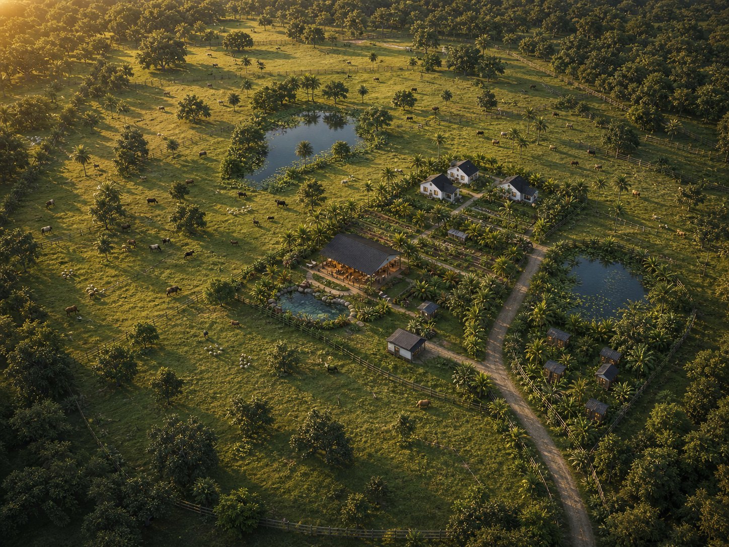 Conceptual aerial rendering showing an integrated rural Florida property with water, pasture, trees and structures