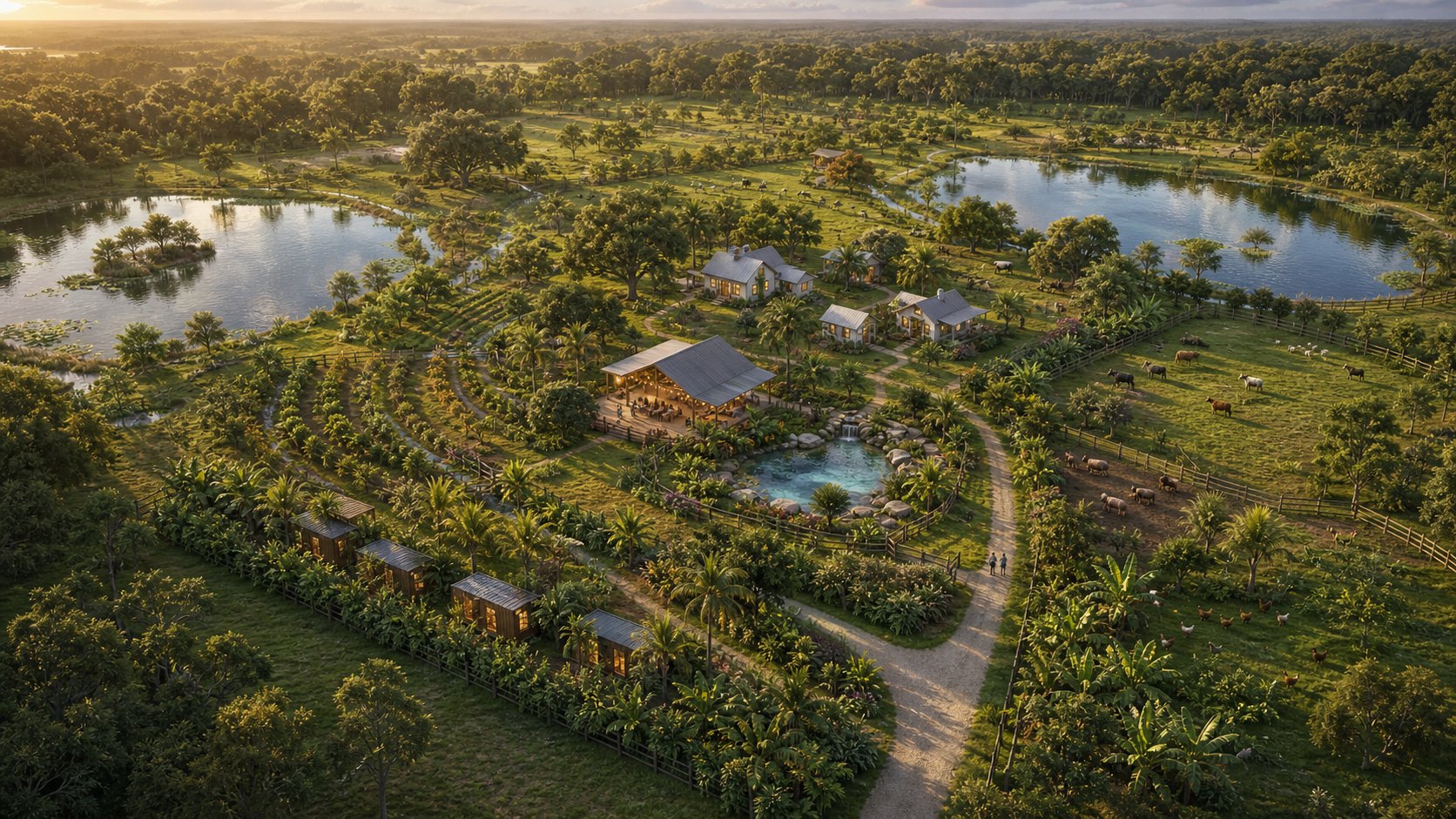 Conceptual aerial view of a future Restore Creation landscape with ponds, pasture, gardens and simple structures