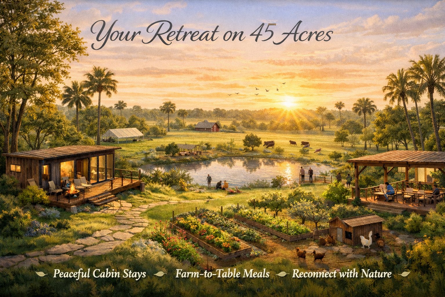 Conceptual rendering of a future retreat cabin area near water and productive gardens